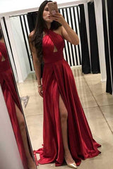 Dark Red A-line Cross Neck Floor-Length Long Prom Dress With Side Slit, MP703 | cheap prom dresses | a line prom dresses | simple prom dresses | www.musebridals.com