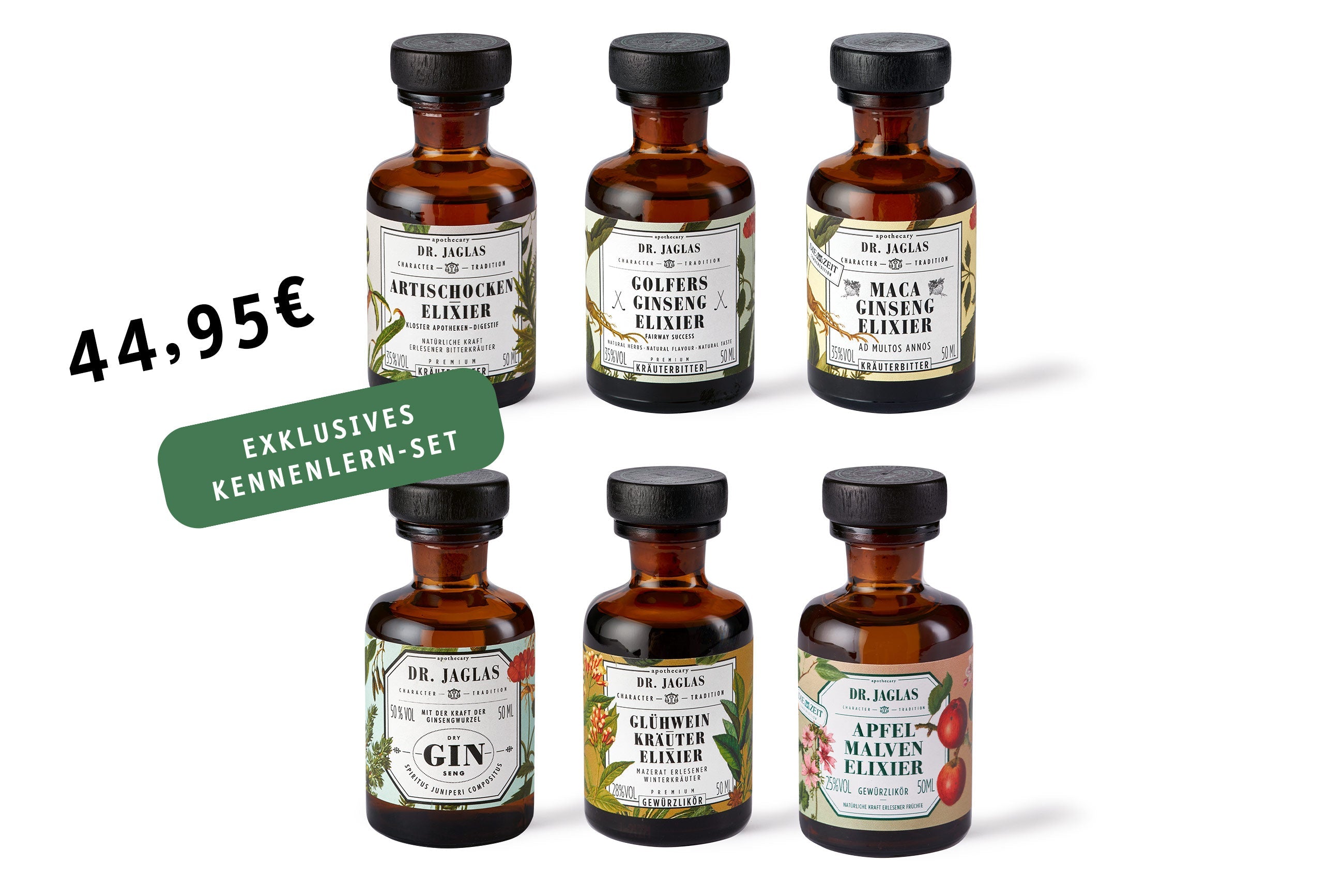 Holen Sie sich für 44,95 € ein Set mit sechs Dr. Jaglas-Elixieren in Braunglas, beispielsweise mit Geschmacksrichtungen wie Glühweinkräuter-Elixier, mit einem „Exklusives Kennenlern-Set“-Schild, das die Essenz festlicher Gewürze einfängt.