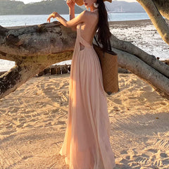 Venus Elegant Open Back Plunge Neck Flowy Halter Dress