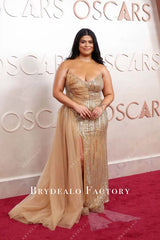 Drew Afualo warm beige 2025 panel train Oscars red carpet dress