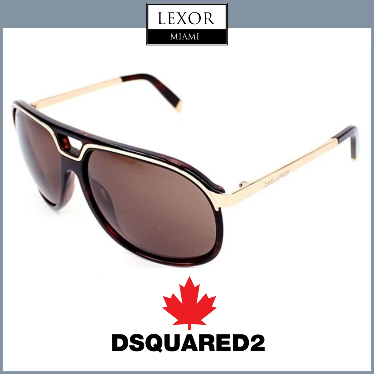 The Dsquared DQ0061 56E 60 men sunglasses have brown lenses and gold arms, shown at an angle. LEXOR Miami appears at the top; DSQUARED2 with a red maple leaf is below. UV protection by Dsquared Sunglasses from a Miami authorized dealer.