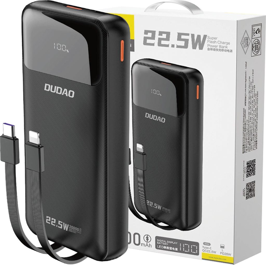 Dudao K15PRO PowerBank 20.000mAh – Hurtigopladning 22,5W med USB-C & Lightning Kabler | Kraftig og Praktisk Strømbank