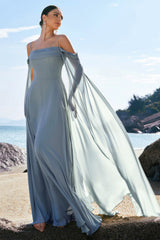 Flowy Dusty Blue Chiffon Bridesmaid Dress with Streamer Cold Shoulder A Line Wedding Guest Dress