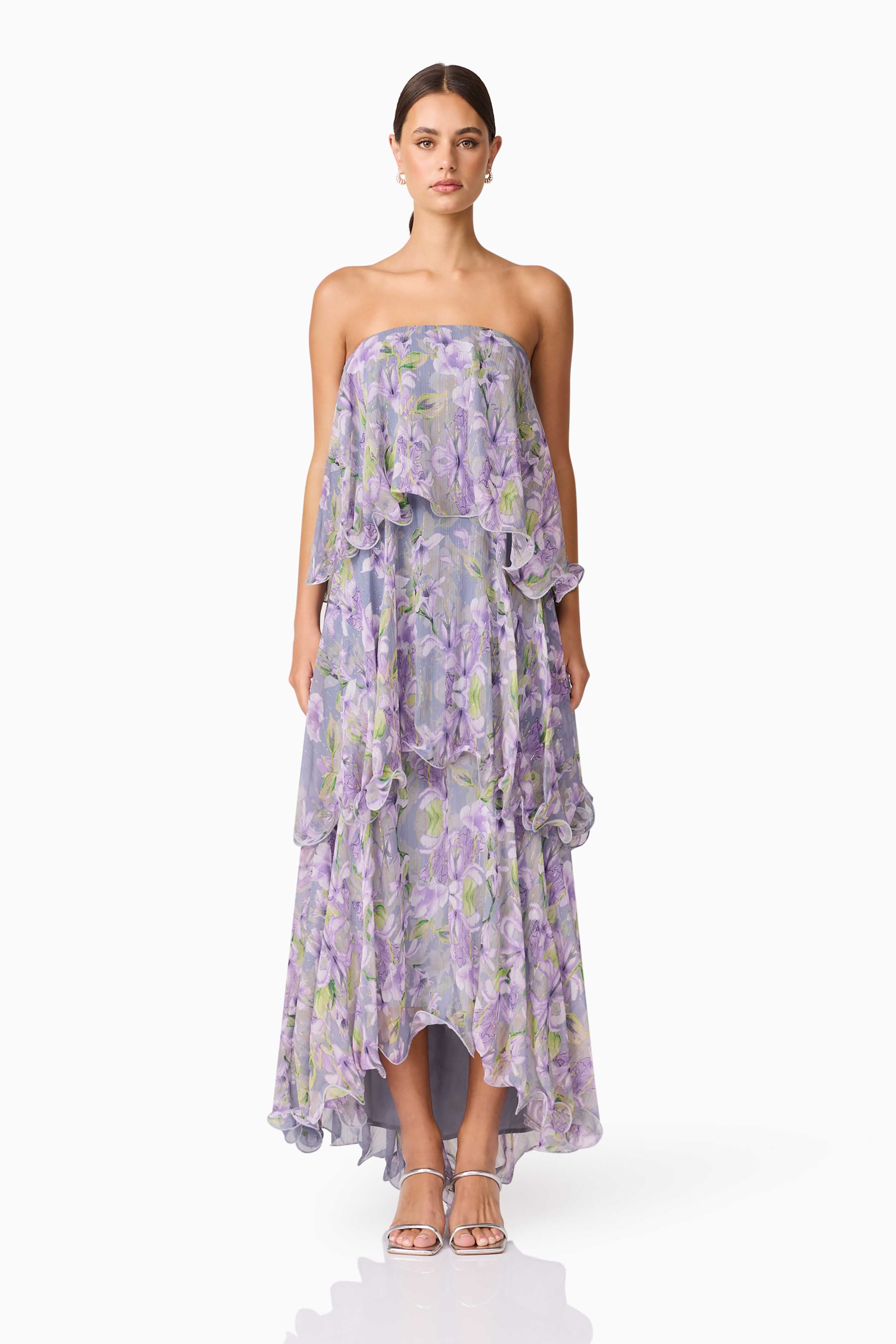 Brunette model wearing Milena Strapless Maxi Dress in Purple Floral front shot