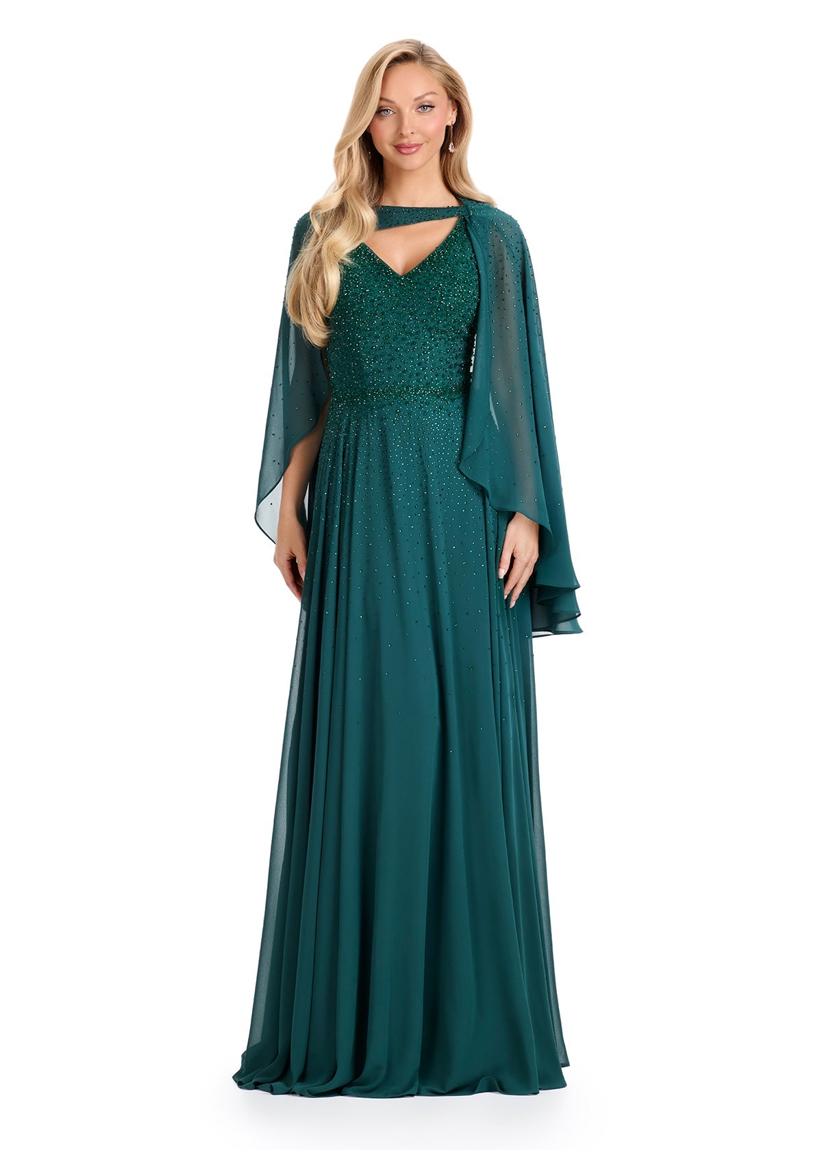 ASHLEYlauren E12092 | Dark-Green elegant chiffon evening gown featuring soft V-neckline, cape overlay, and beaded detailing.