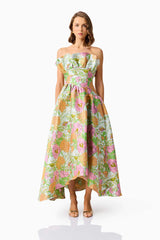 Brunette model wearing the Laurel Sleeveless Maxi Dress in Green Floral front shot