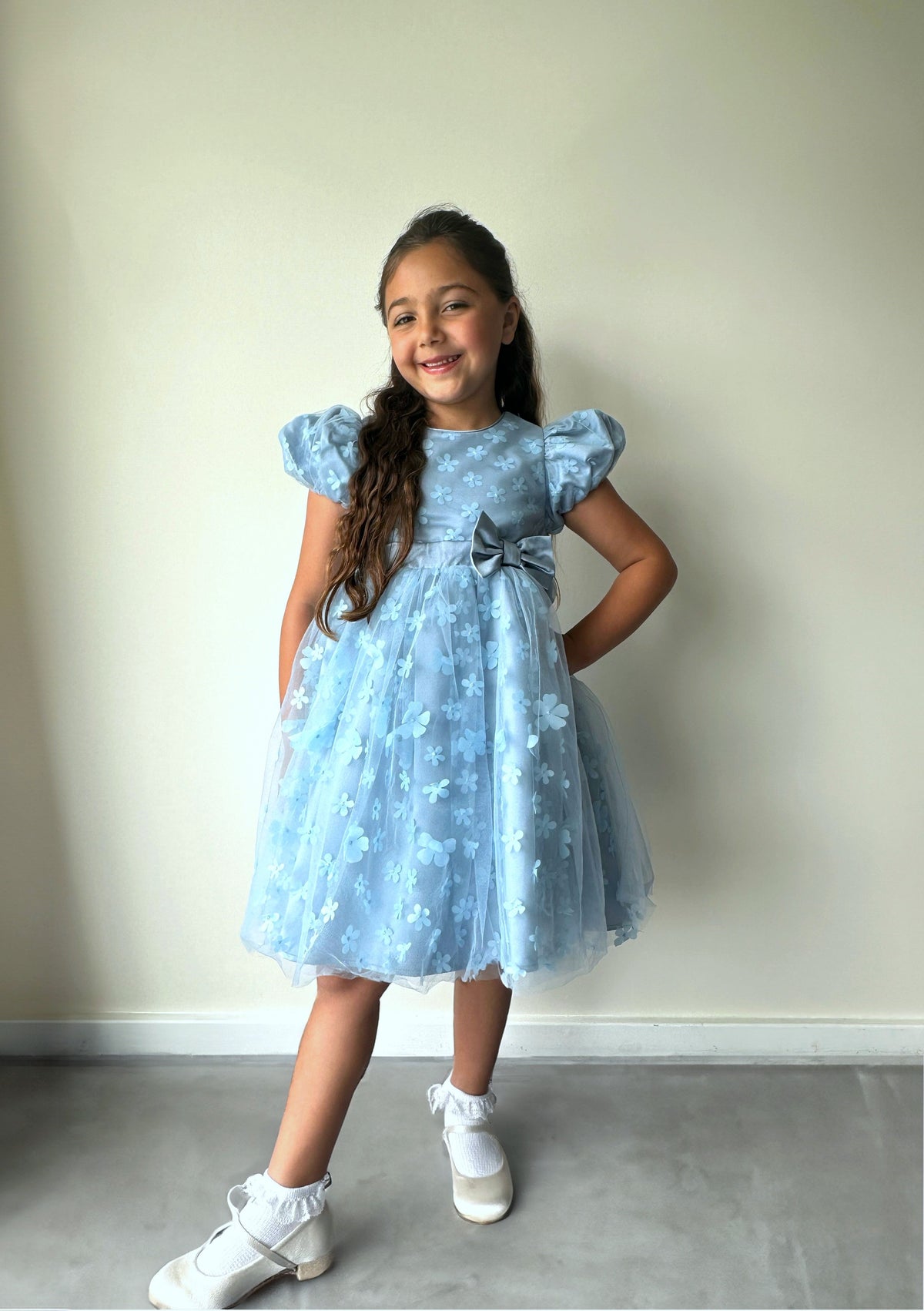 Girls 3D Floral Satin Bow Midi Dress in Blue