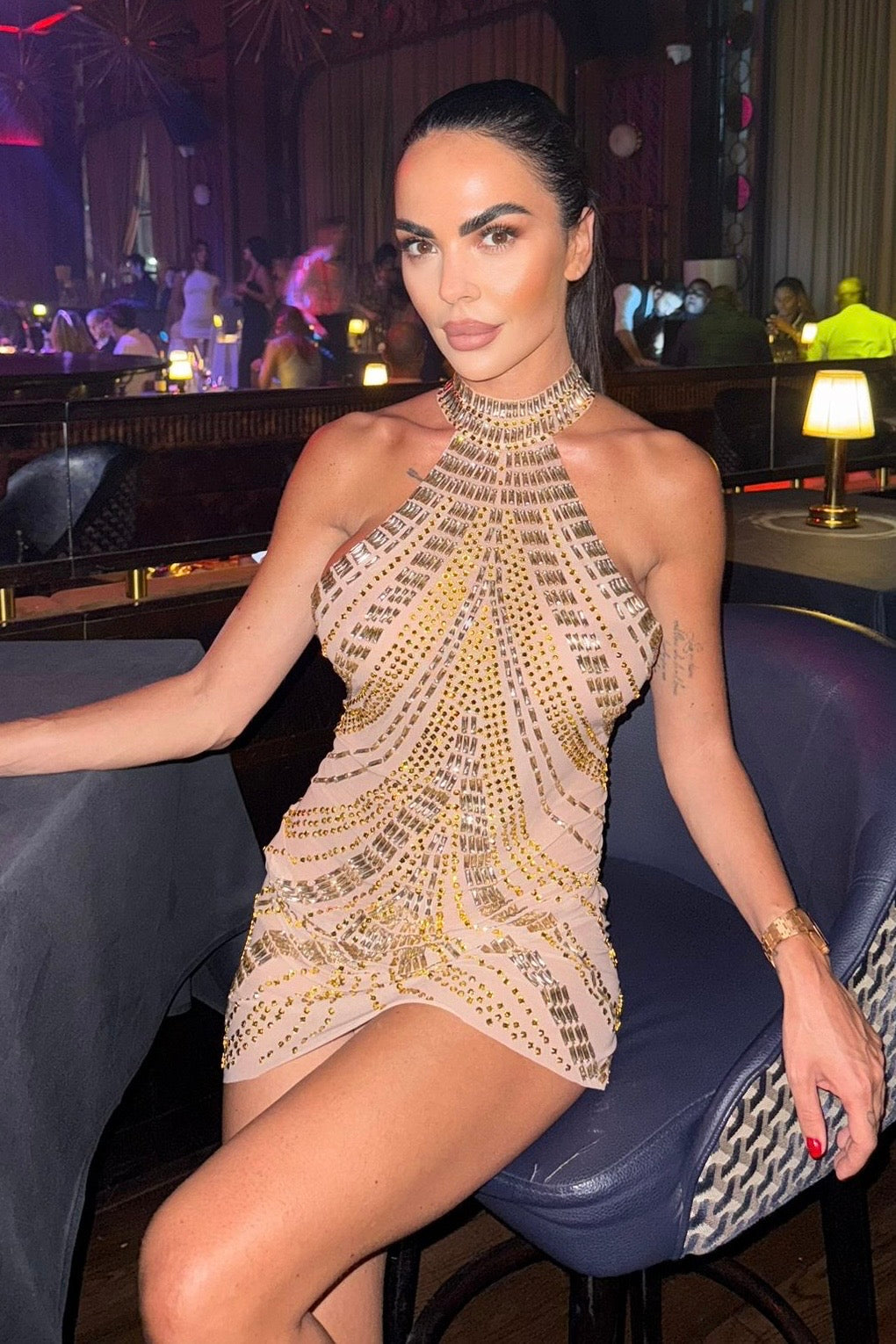Jessica Bara Siren High Neck Halter Crystal Mini Dress