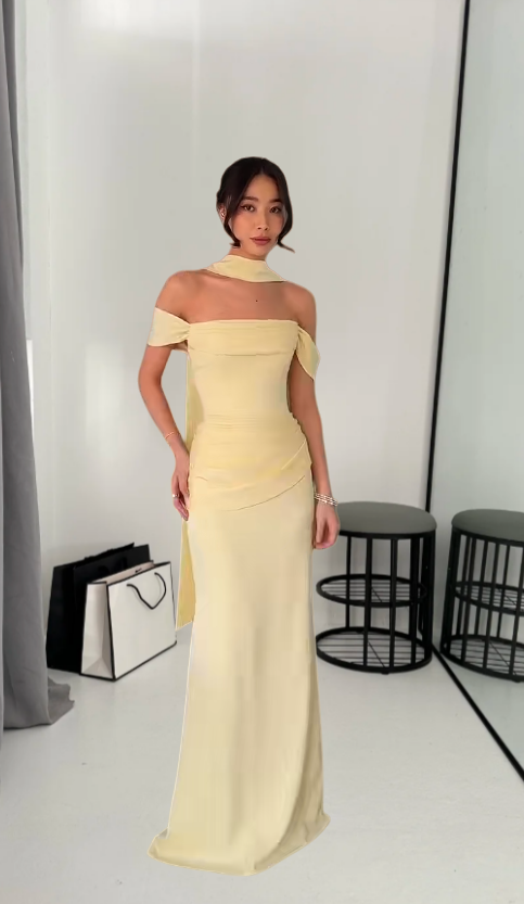 Chic Yellow Long Prom Dress Off-shoulder Sheath Evening Dress Satin Sleeveless Formal Dress ED06573