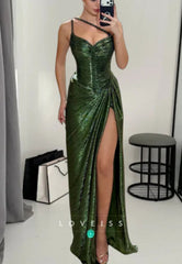 Sexy One-shoulder Green Long Prom Dress Satin Sheath Evening Dress