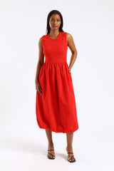 Rib Combo Bubble Hem Midaxi Dress - Mid Red