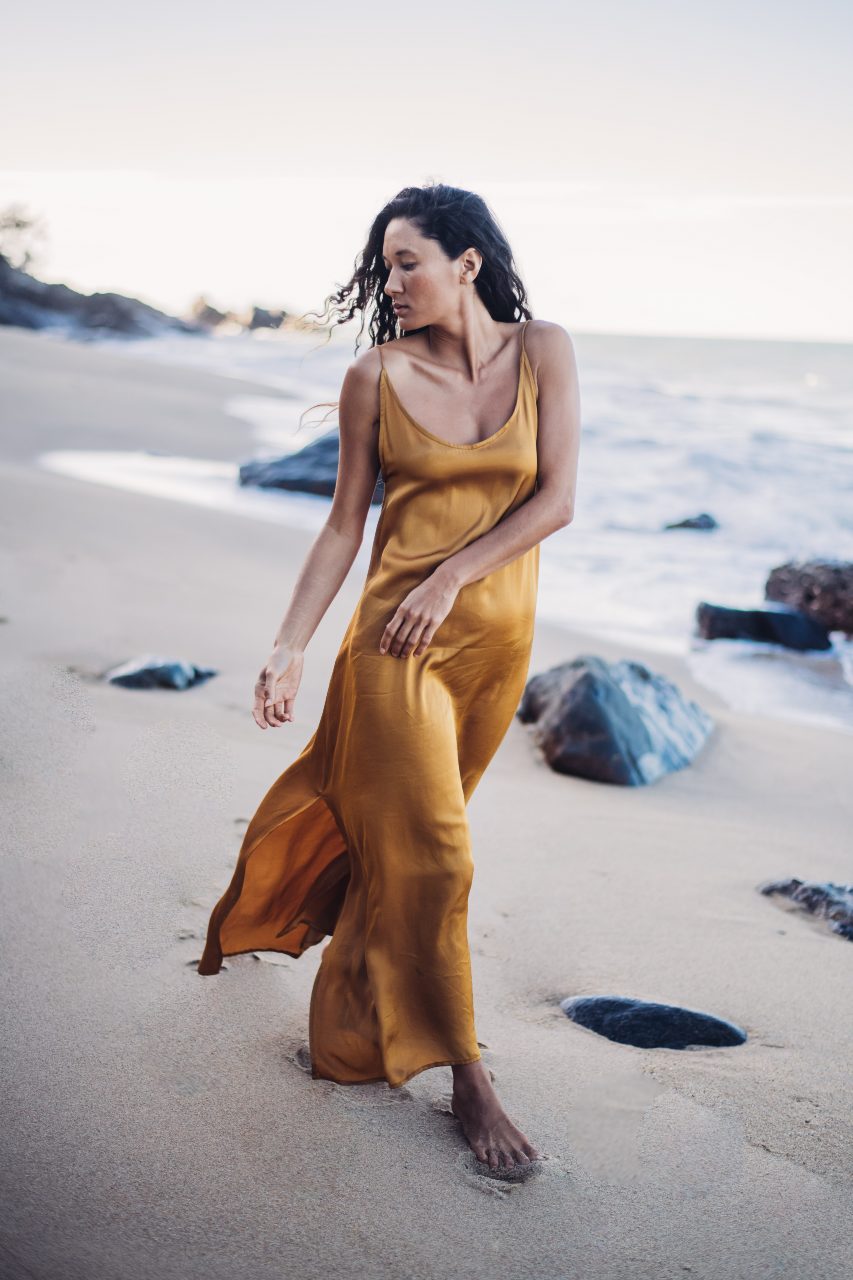 Gorgeous double split, low back, slip silk dress with adjustable spaghetti straps.