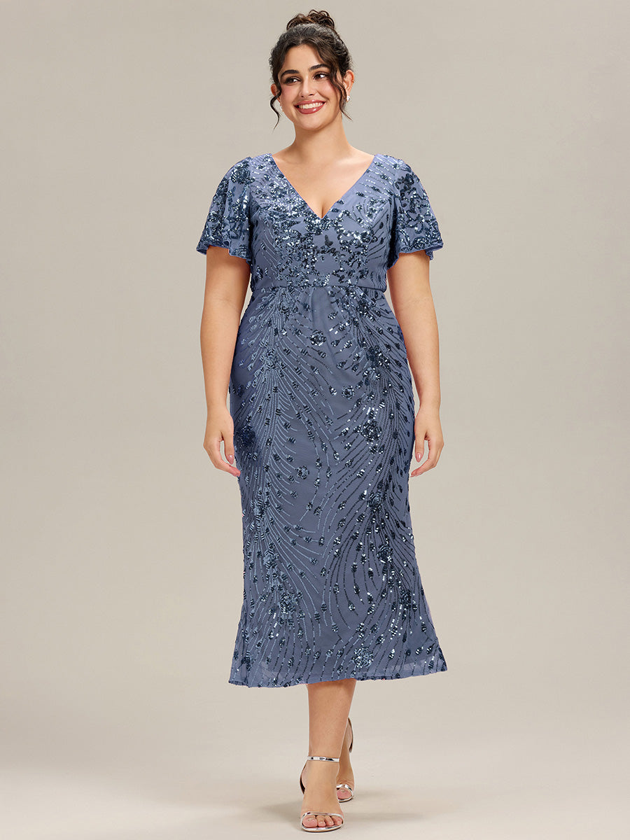 Color=Dusty Blue | Fast Delivery Short Sleeve Ruffle Sequin Deep V-Neck Fishtail Maxi Evening Dresses-Dusty Blue 31