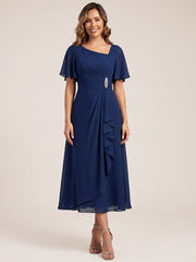 Ruffle Sleeve Chiffon Midi Mother of the Bride Dress #color_Navy Blue