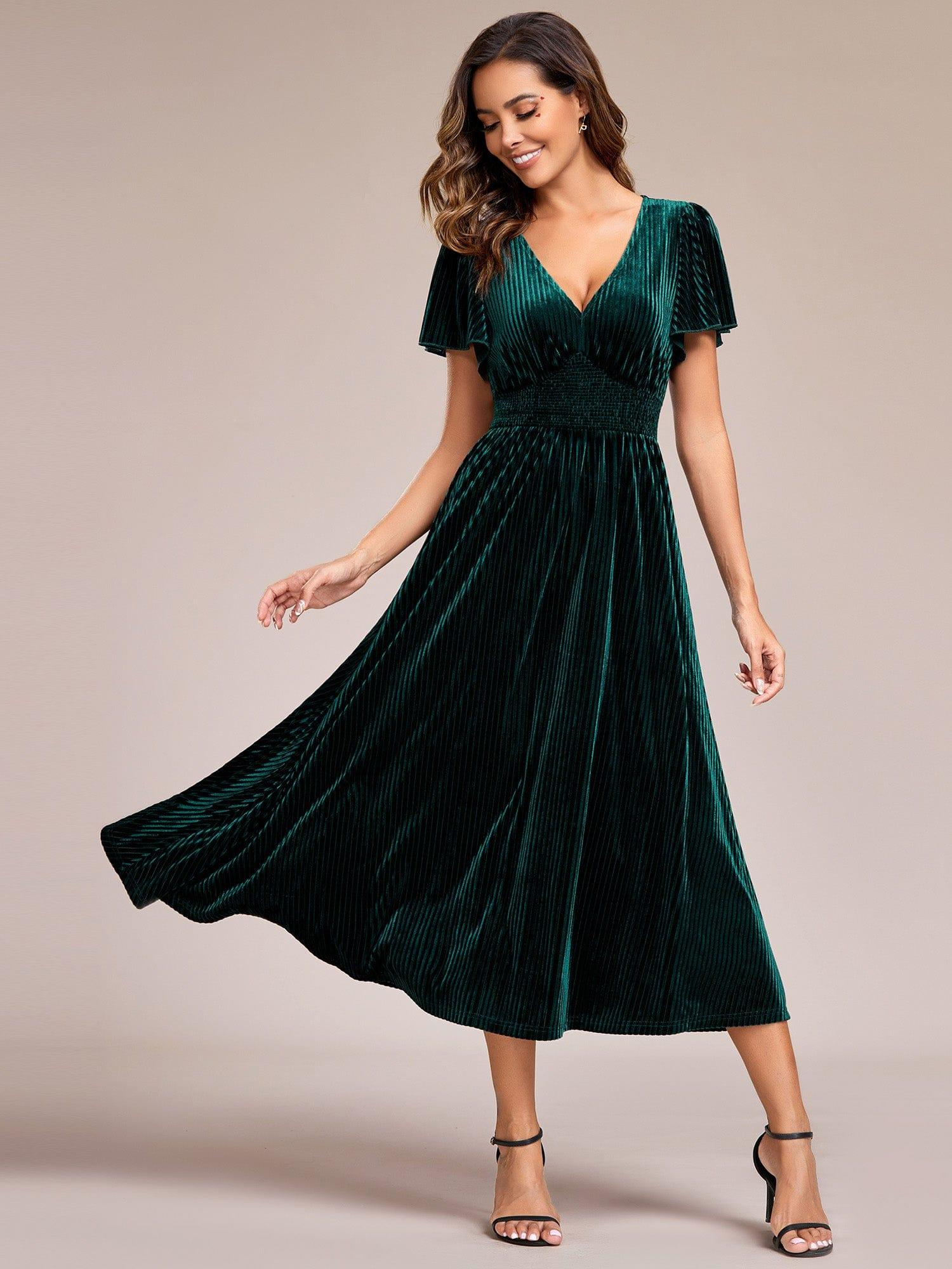 V-Neck Waist Pleated Design Short Sleeves Fall Velvet Midi Evening Dress #color_Dark Green