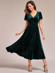 V-Neck Waist Pleated Design Short Sleeves Fall Velvet Midi Evening Dress #color_Dark Green