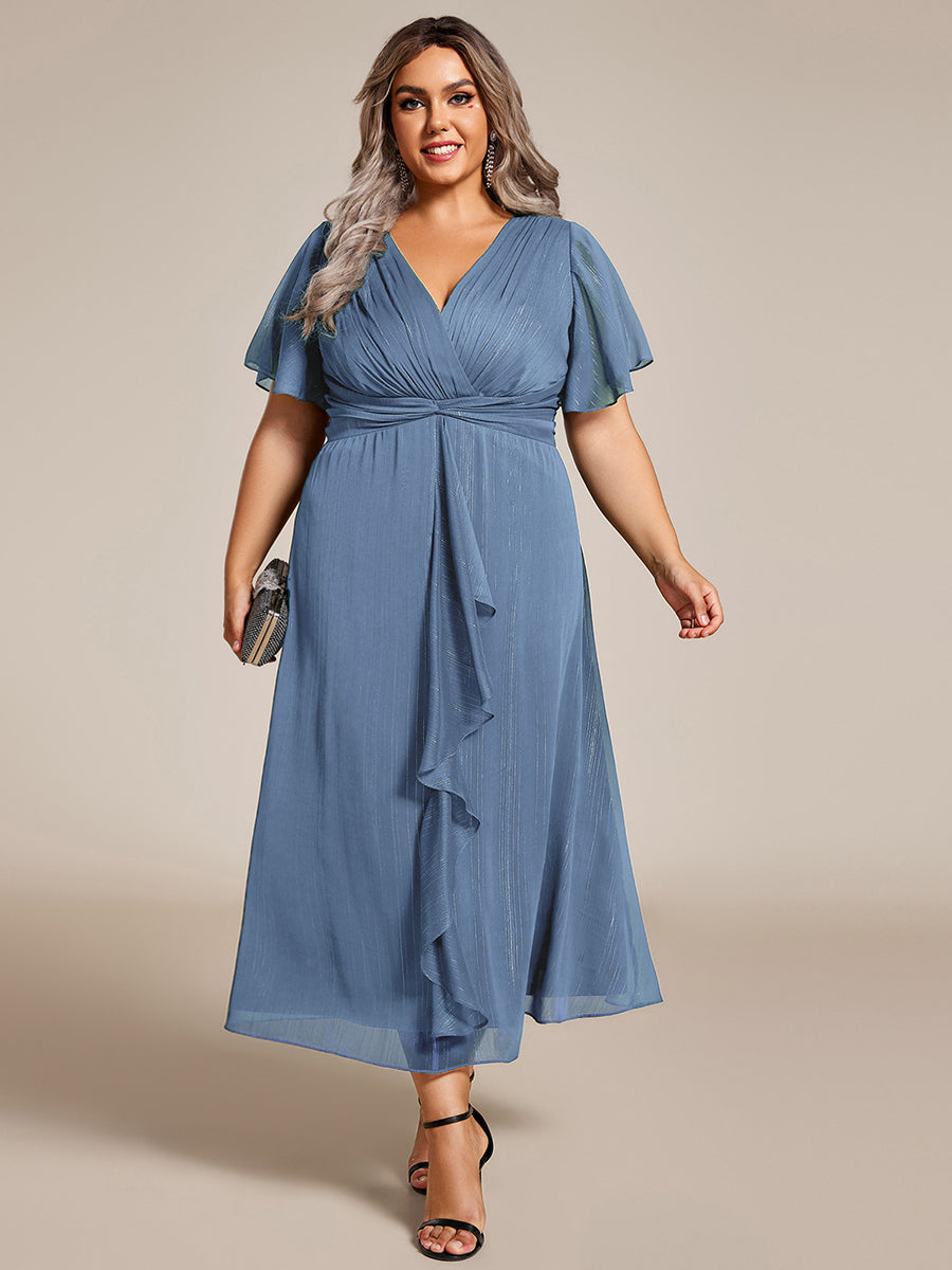 Plus Size Silver Metallic Fabric V-Neck A-Line Dress featuring Delicate Ruffled Hem #color_Dusty Blue