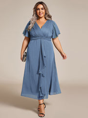 Plus Size Silver Metallic Fabric V-Neck A-Line Dress featuring Delicate Ruffled Hem #color_Dusty Blue