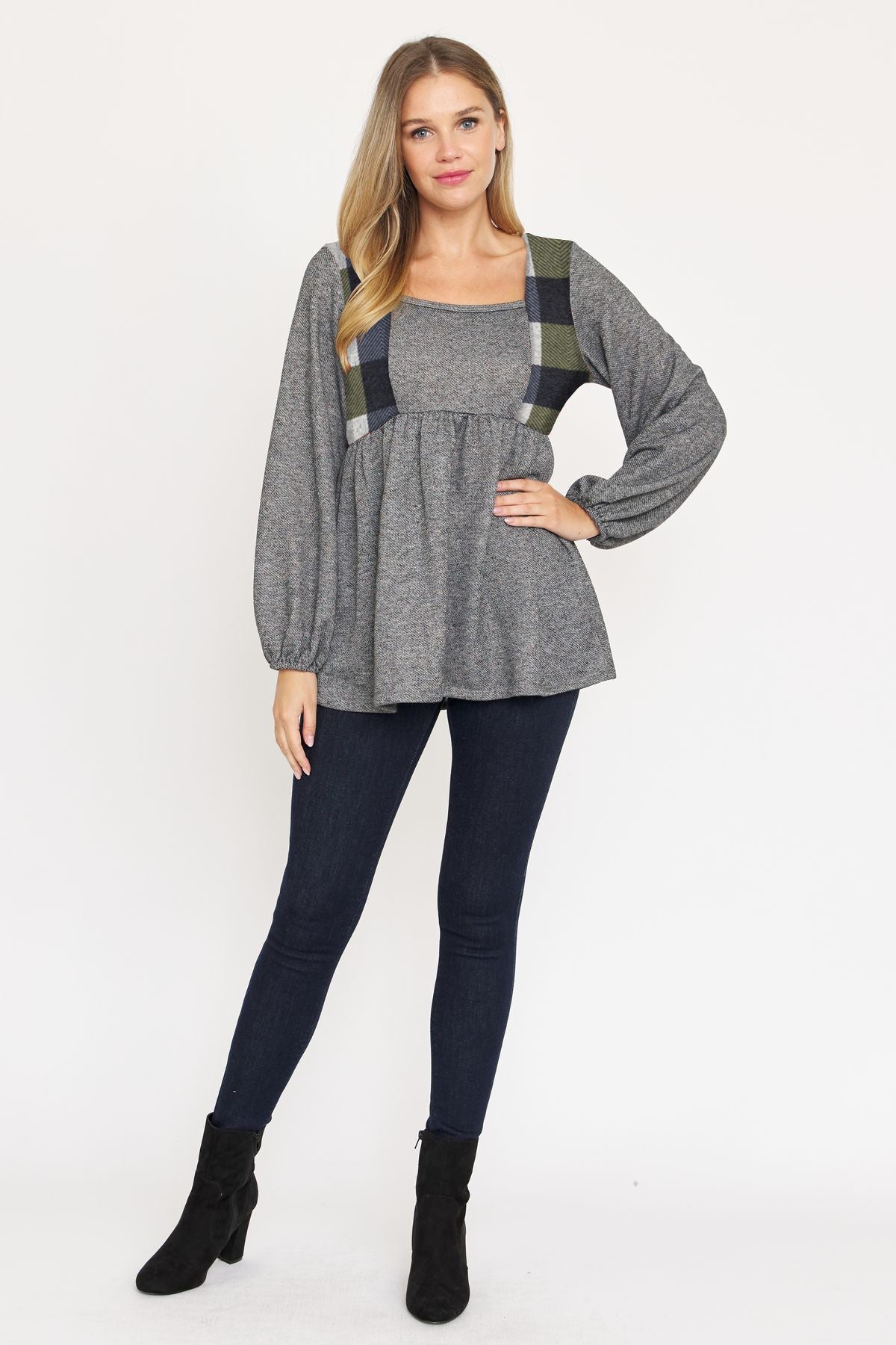 Olive Checkered Accent French Terry Babydoll Tunic