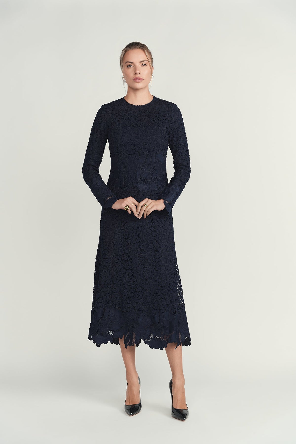 Lace Flare Midi Dress - Navy