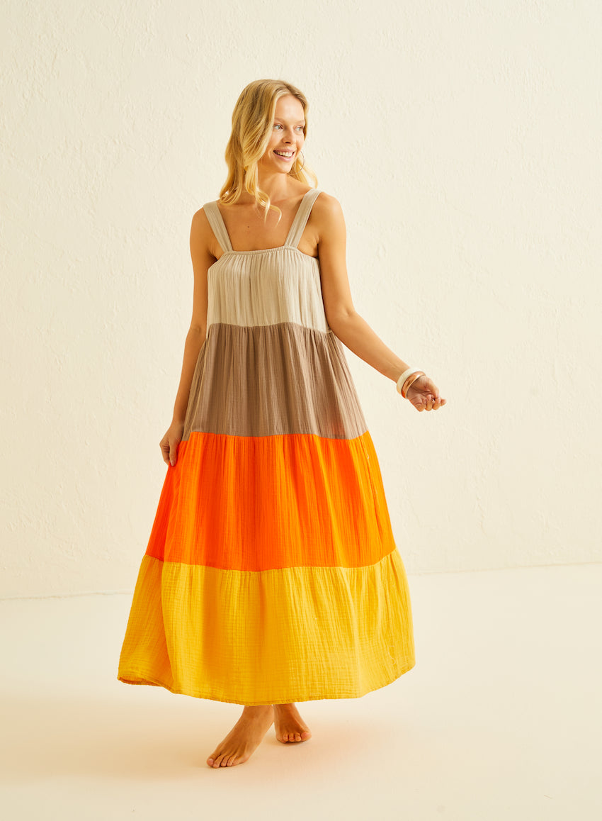 Enna Moda Organic Muslin Cotton Maxi Dress – Sunset Orange & Yellow Soft Summer Elegance