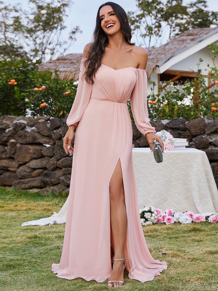 Long-Sleeved Chiffon Off Shoulder Wedding Guest Dresses with High Slit #color_Pink