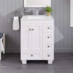 A white single sink bath vanity with a Carrara quartz top and undermount porcelain sink, featuring five drawers and two doors with a premium stainless steel brushed nickel hardware.