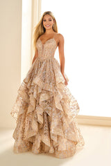 Prom Dresses Ruffle Long Ball Gown Lace Formal Prom Dress Gold