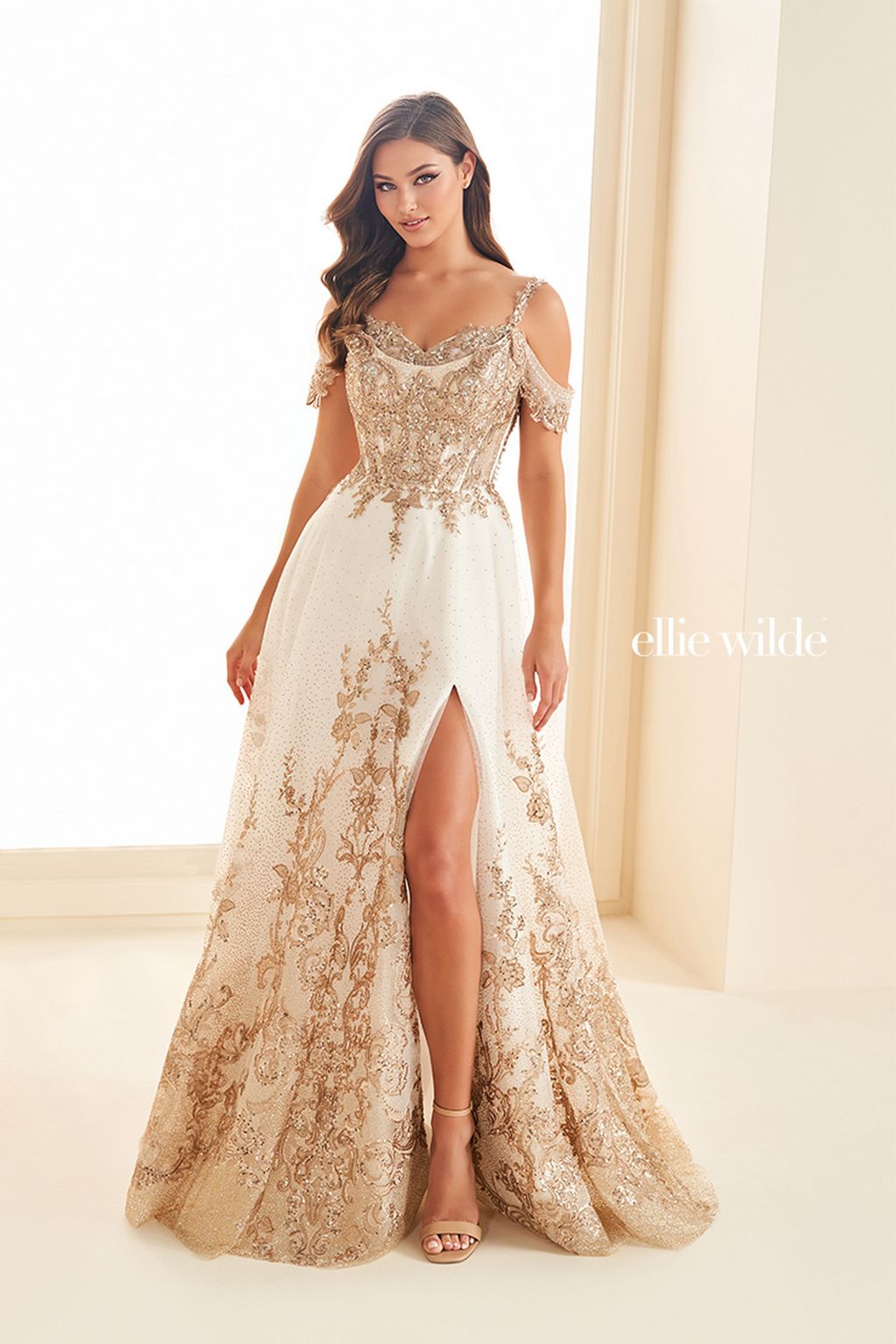 Prom Dresses Long Glitter Gown Formal A Line Evening Prom Dress Ivory/Gold