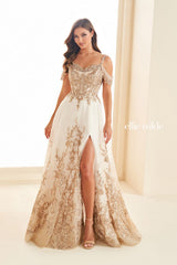 Prom Dresses Long Glitter Gown Formal A Line Evening Prom Dress Ivory/Gold