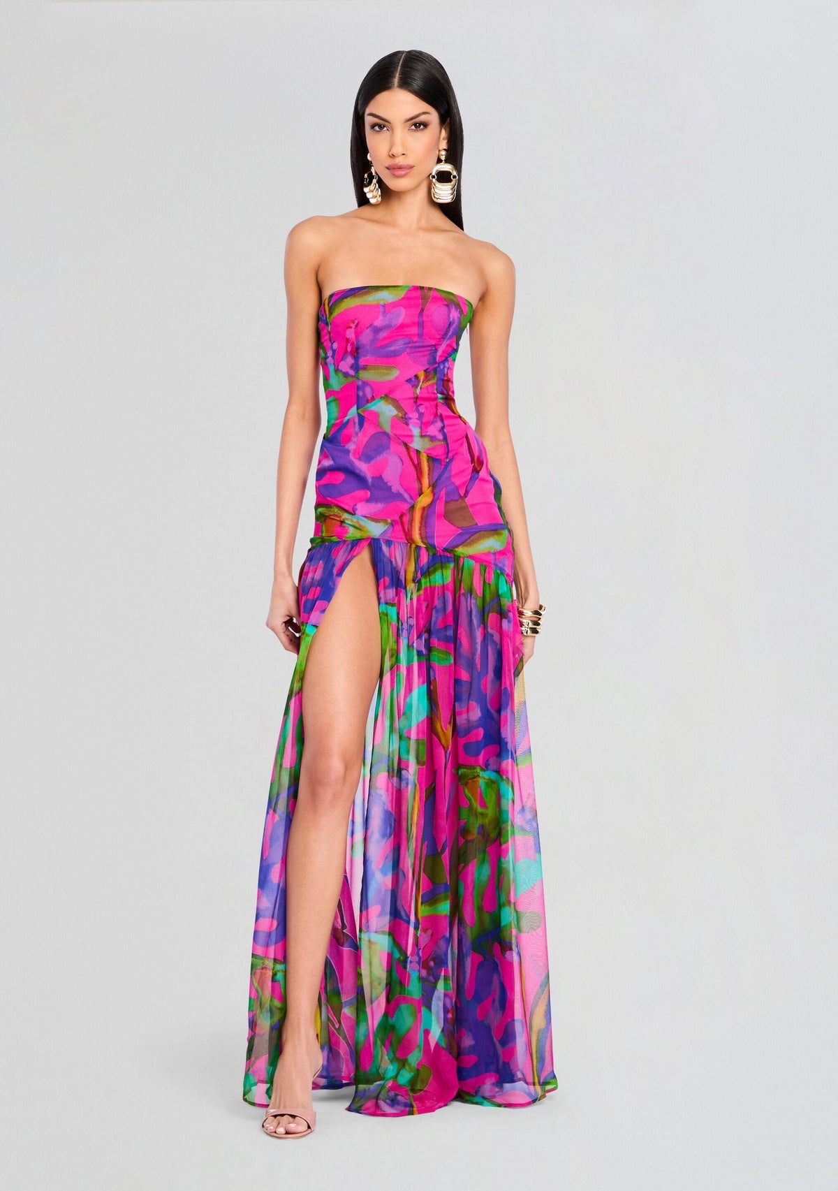 Nicole Silk Chiffon Dress in bright pink purple and green tropical print, strapless, floor-length with a thigh-high slit.