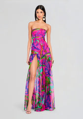 Nicole Silk Chiffon Dress in bright pink purple and green tropical print, strapless, floor-length with a thigh-high slit.