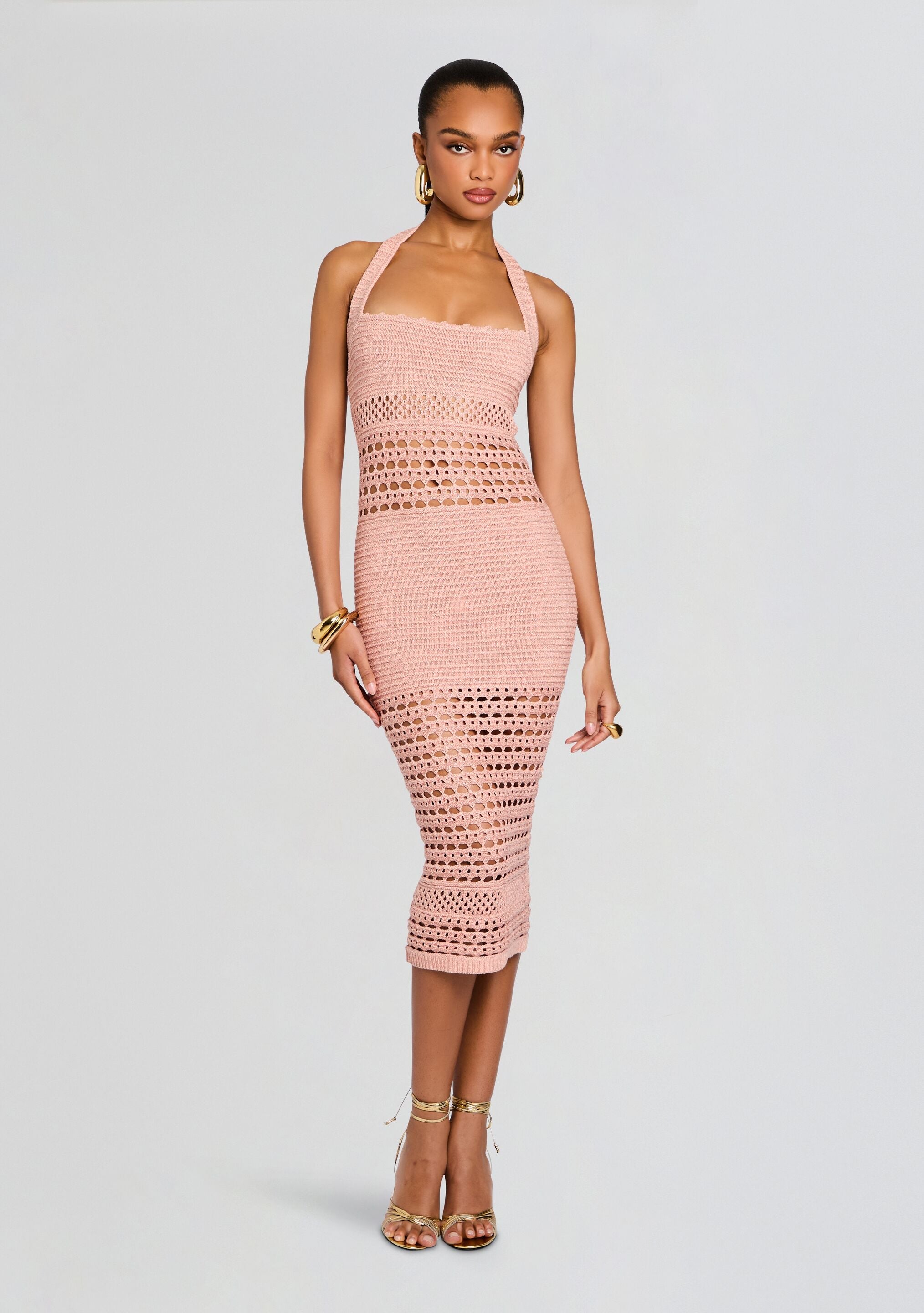 Jaycee Crochet Dress in soft pink with a halter neckline and intricate crochet panels throughout