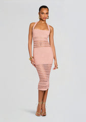 Jaycee Crochet Dress in soft pink with a halter neckline and intricate crochet panels throughout