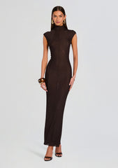 Full-length view of a model in a dark chocolate Laissa Mesh Maxi Dress with a high neck and cap sleeves