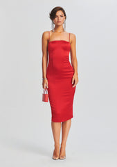 Red satin midi dress with thin shoulder straps and a sleek fitted silhouette