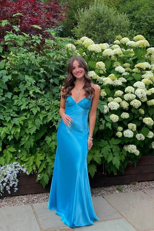 Elegant Blue Silk Satin Sheath V Neck Spaghetti Straps Prom Dresses, MP1042 | cheap prom dress | long prom dress | evening gown | musebridals.com
