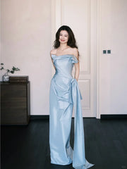 Elegant Off-The-Shoulder Draped Sash Sky Blue Satin Gown