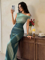 Turn heads in this Elegant Asymmetric Collar Bodycon Dress, where summer vibes meet chic sophistication. With its playful off-shoulder design and graceful Chinese elements, this maxi dress brings a unique twist to formal occasions. Its flattering bodycon fit accentuates your silhouette, making every moment feel stylish and confident. Perfect for those who love to blend tradition with modern charm in a fun, fashionable way.
