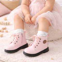 Toddler mini worker boots in pink and white, waterproof PU leather with anti-slip rubber sole, lace and side zip, toddler girls shoes