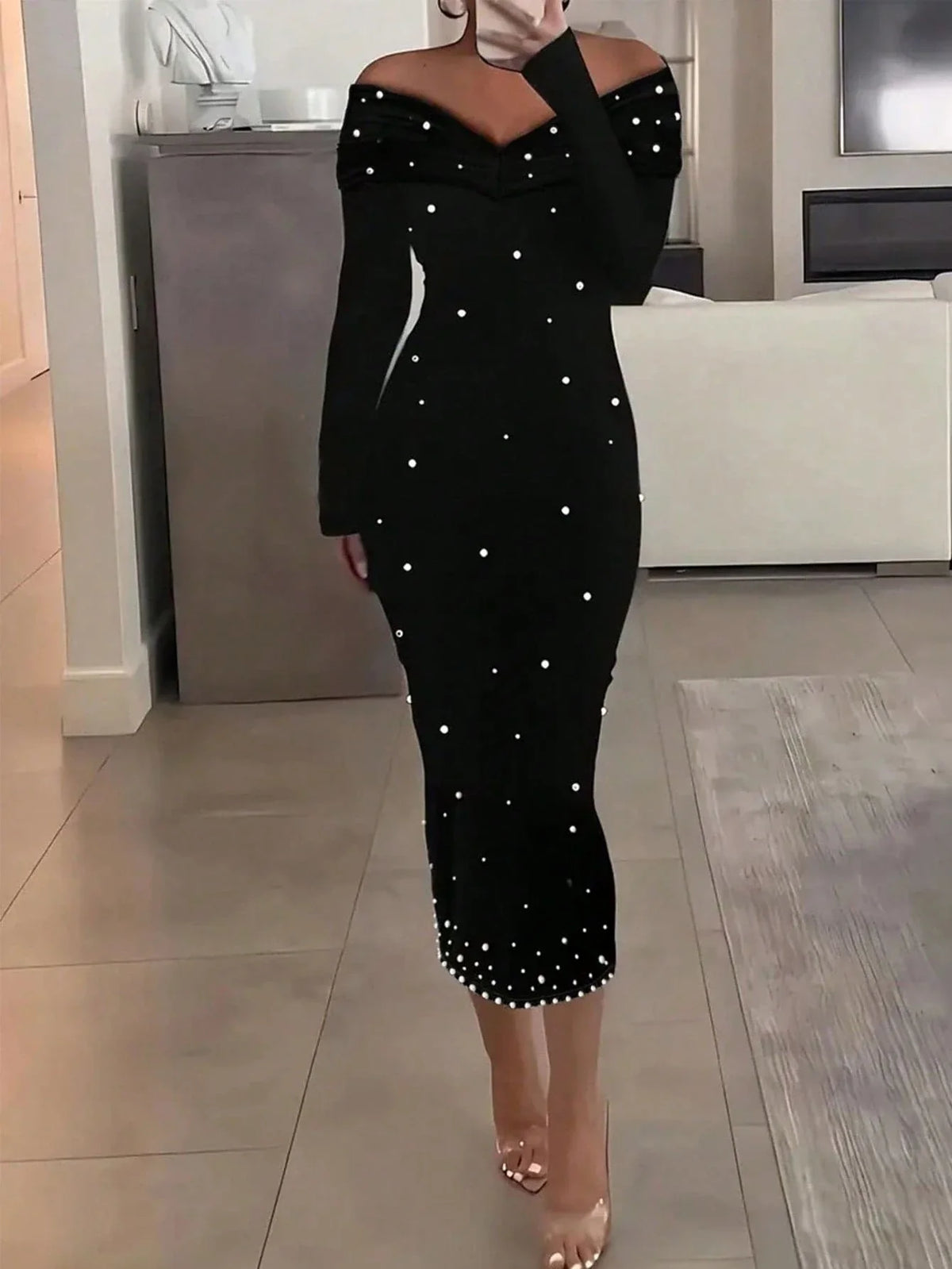 | SHEIN Elegant Pearl Embellished Off Shoulder Long Sleeve Pencil Dress Party Dress For Women | Dress | Shein | OneHub