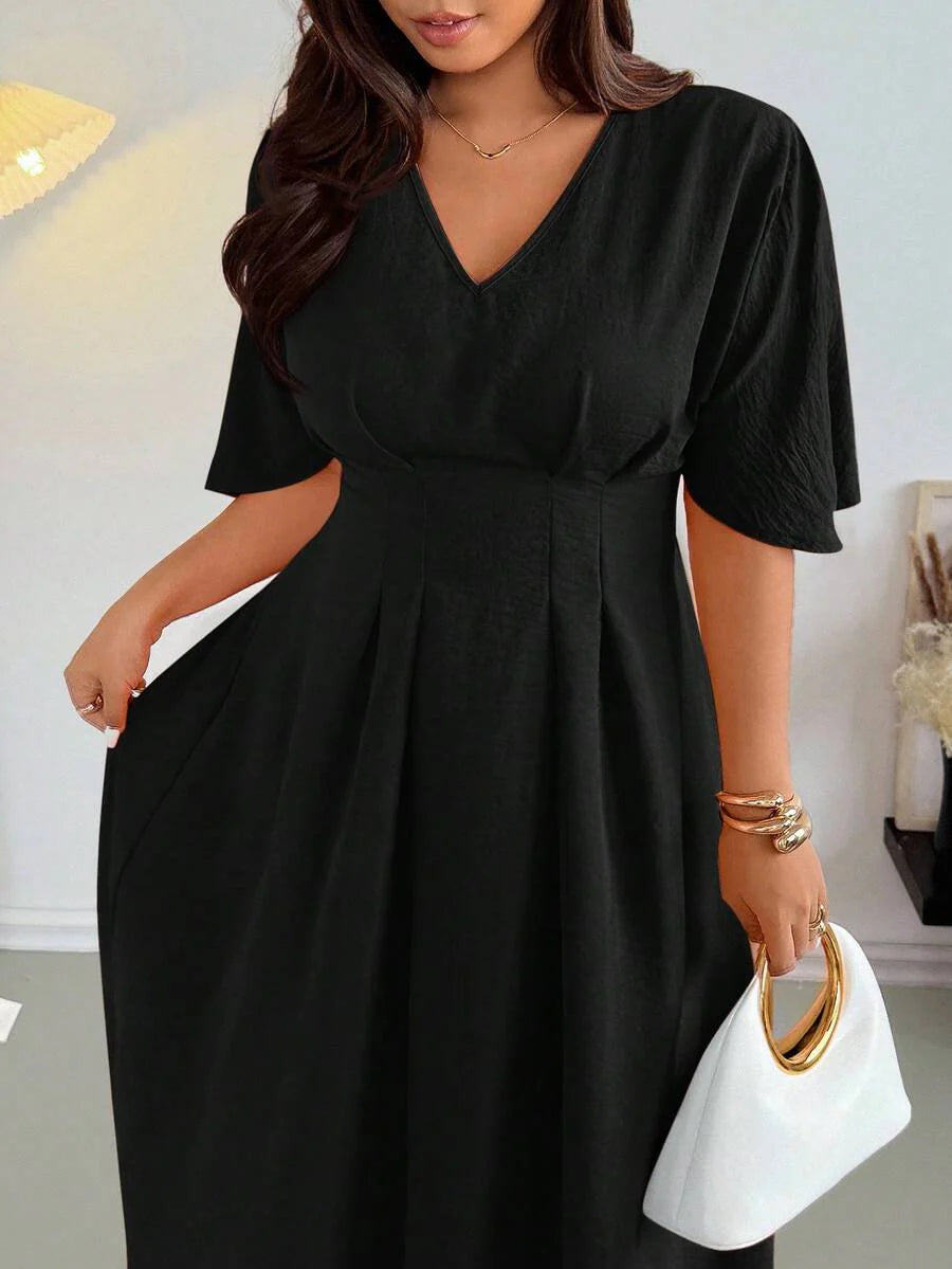 Step into the spotlight with this Elegant Plus Size V-Neck A-Line Midi Dress, your go-to for spring and fall festivities. Its flattering A-line silhouette and chic V-neck create a graceful shape that dances with every step. Perfect for weddings or any special occasion, this dress promises comfort and confidence wrapped in one playful, stylish package. Let your outfit shine as brightly as the celebration!