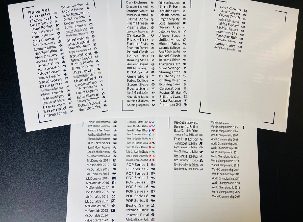 English Pokemon Card Set Names and Symbols Sticker Label Sheet