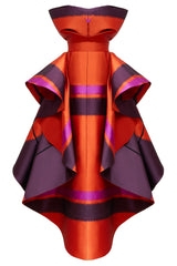Another feature piece on our AW17 catwalk, this 'erupt' dress is fabricated here in a striped orange, pink and deep purple blended silk, this breathtaking evening / occasion dress is the perfect piece for any event if you want to stand out from the crowd.   Fitted at the waist, and comprising of an internal corset, the 3D drape at the front gives a sculptural element that balances perfectly with the dramatic sides.