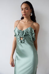 ESPERANAZA MAXI DRESS IN SEA GREEN SILK SATIN - De La Vali