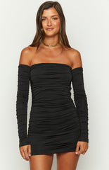Beginning Boutique Evie Black Long Sleeve Off Shoulder Mini Dress black off-shoulder bodycon mini dress with long ruched sleeves and body