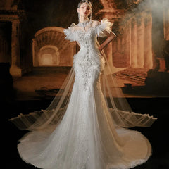 Full-length front view of an exquisite luxury mermaid wedding dress featuring a high jewel neckline, whimsical ruffled short sleeves, and a majestic Watteau train cascading from the shoulders.