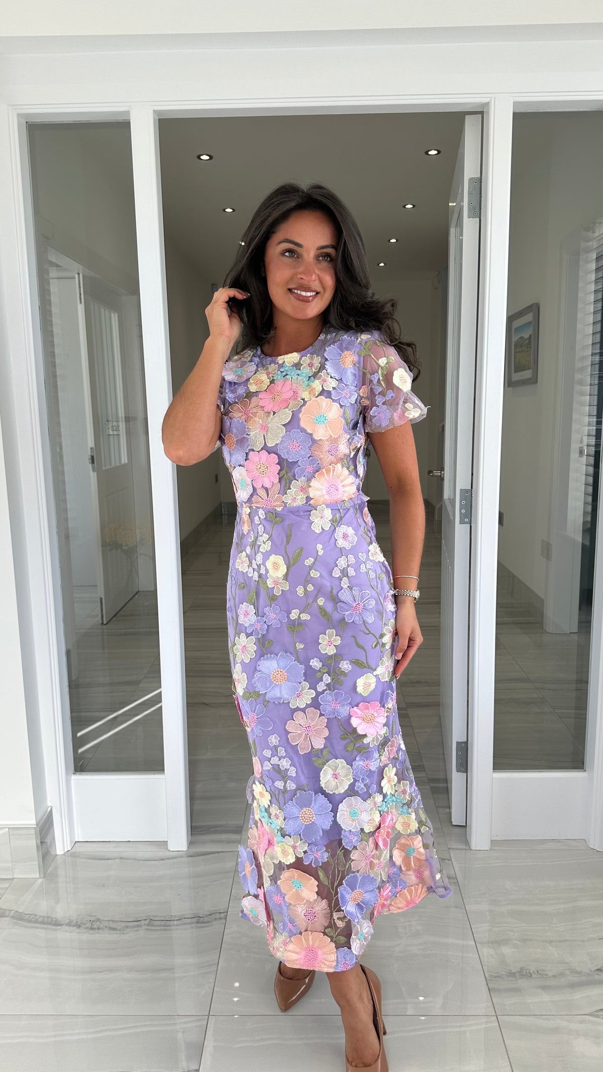 Lilac Floral Midi Dress with 3D Floral