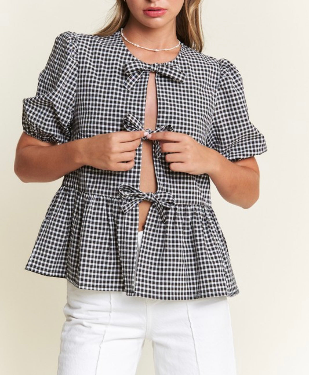 Black Front Bow Tie Gingham Top