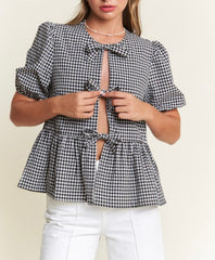 Black Front Bow Tie Gingham Top